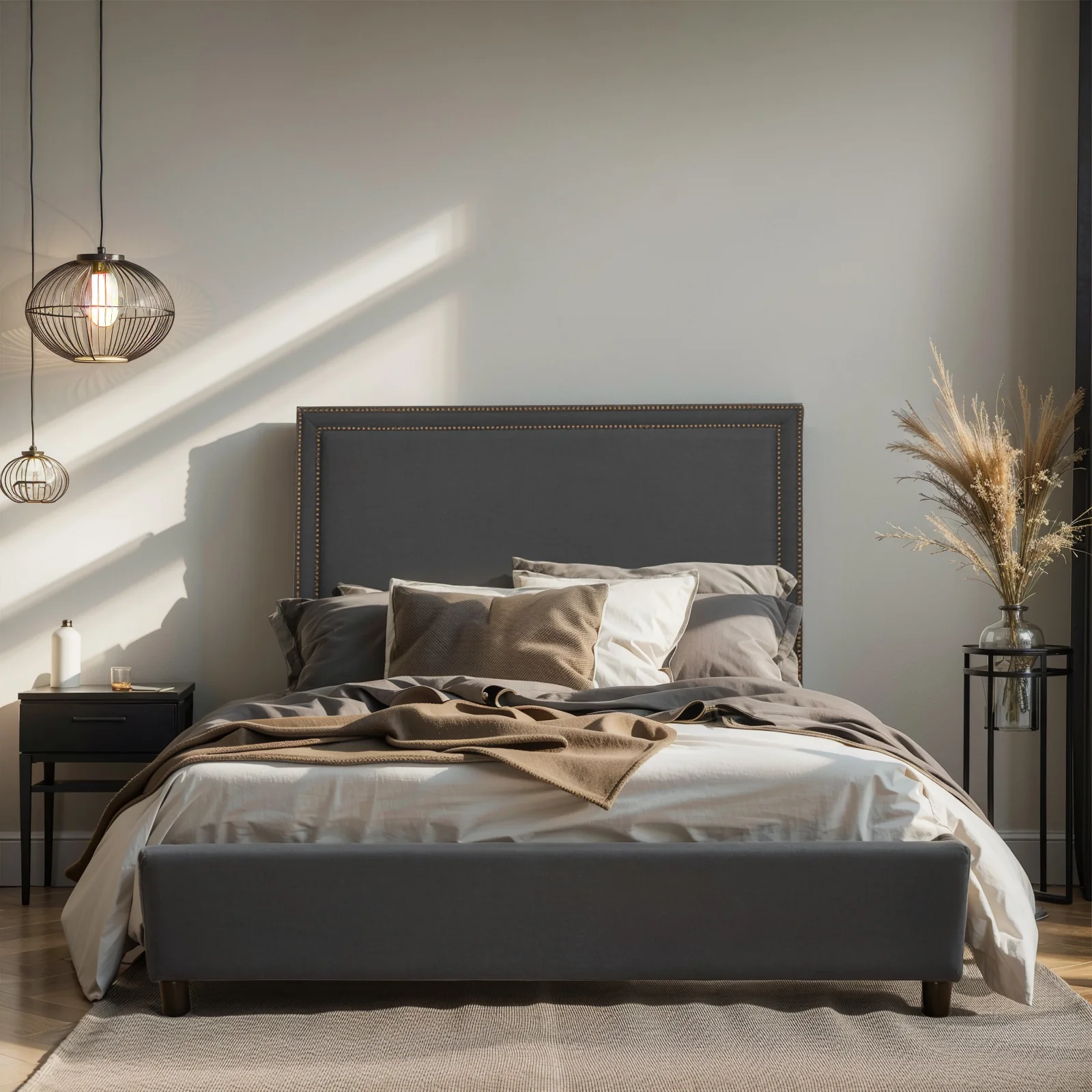 Contemporary Modern Maddy Upholstered Studded Square King Bed Frame - Image 2