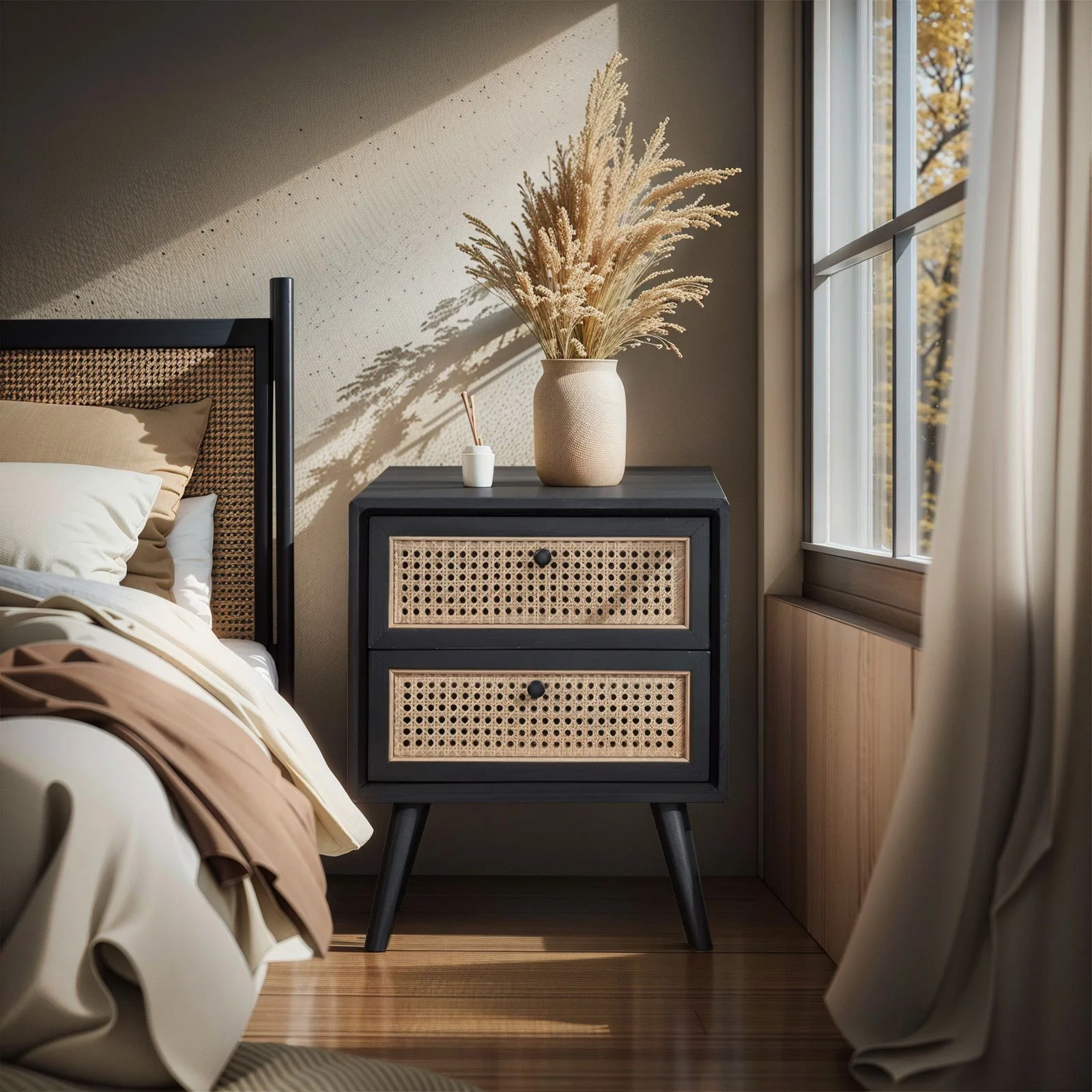 Contemporary Modern Scandinavian Nordic Rattan Bedside Table