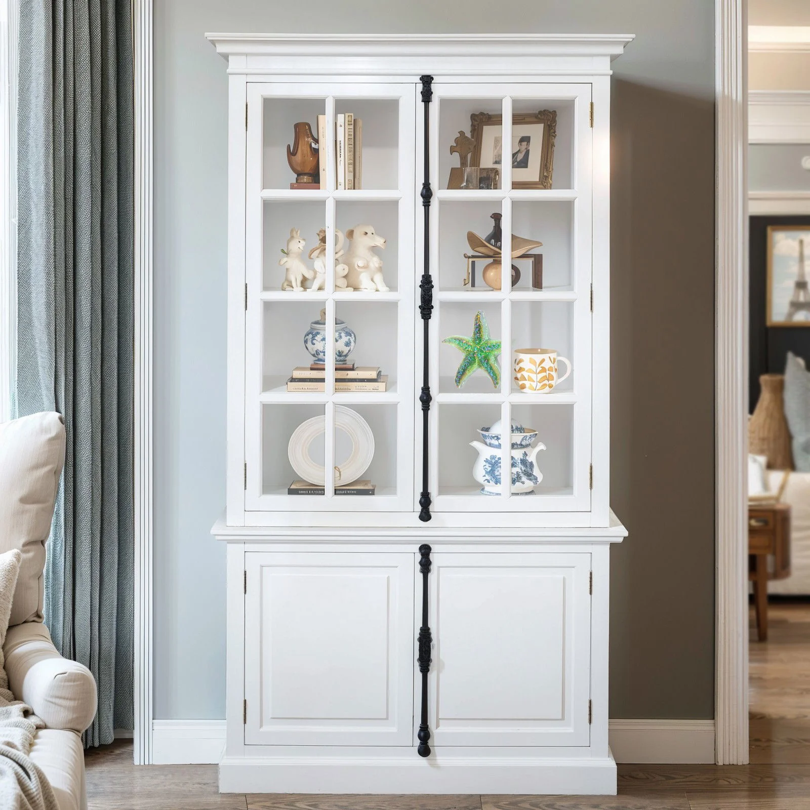 French Provincial Casement Double Glass Door Display Buffet and Hutch Cabinet Bookcase - Image 19