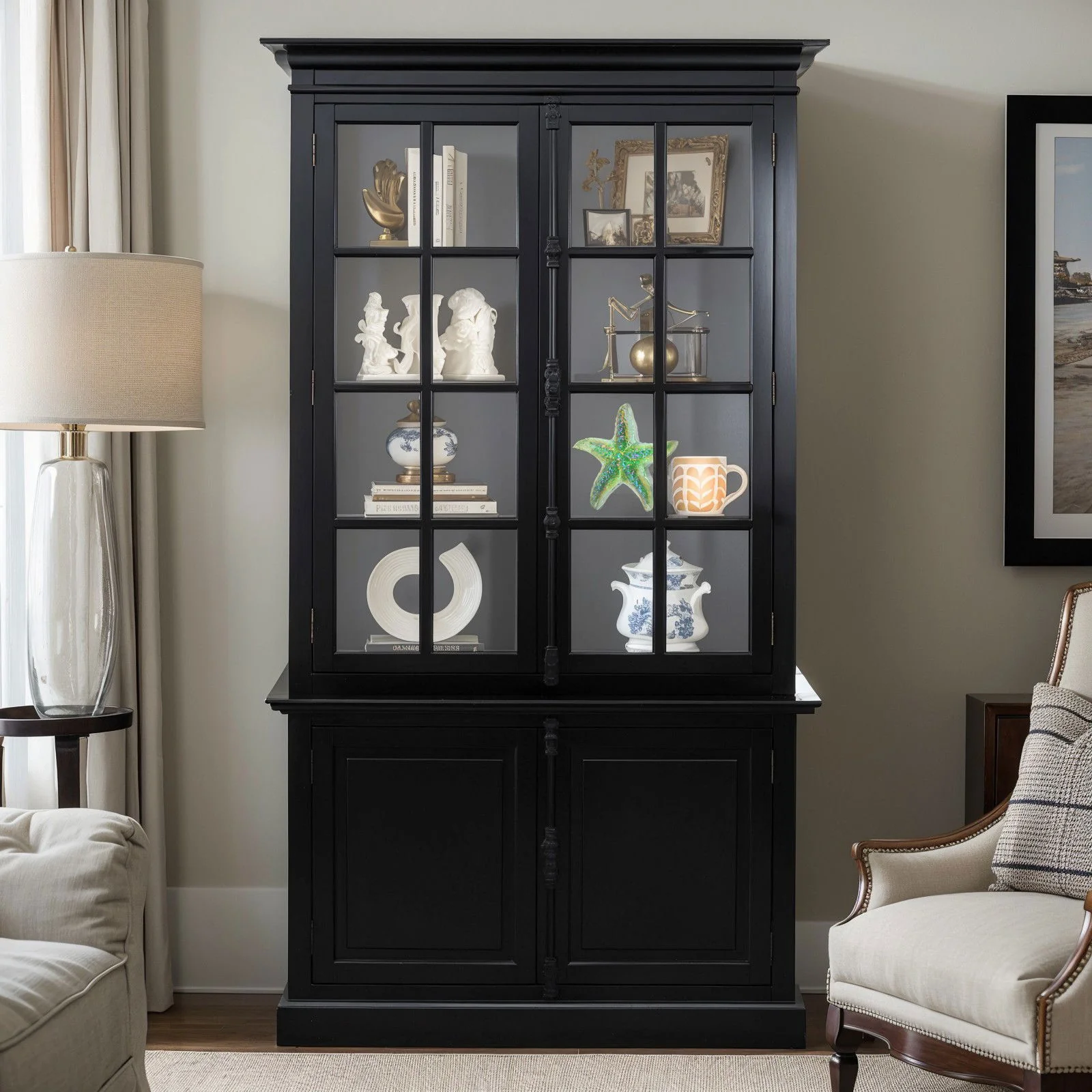 French Provincial Casement Double Glass Door Display Buffet and Hutch Cabinet Bookcase - Image 2