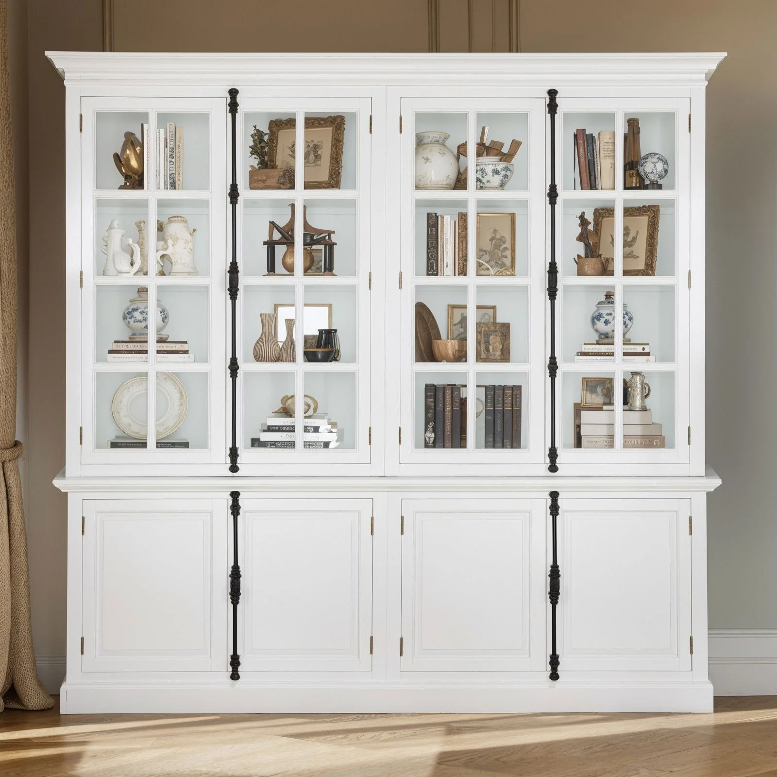 French Provincial Casement Double Glass Door Display Buffet and Hutch Cabinet Bookcase - Image 21