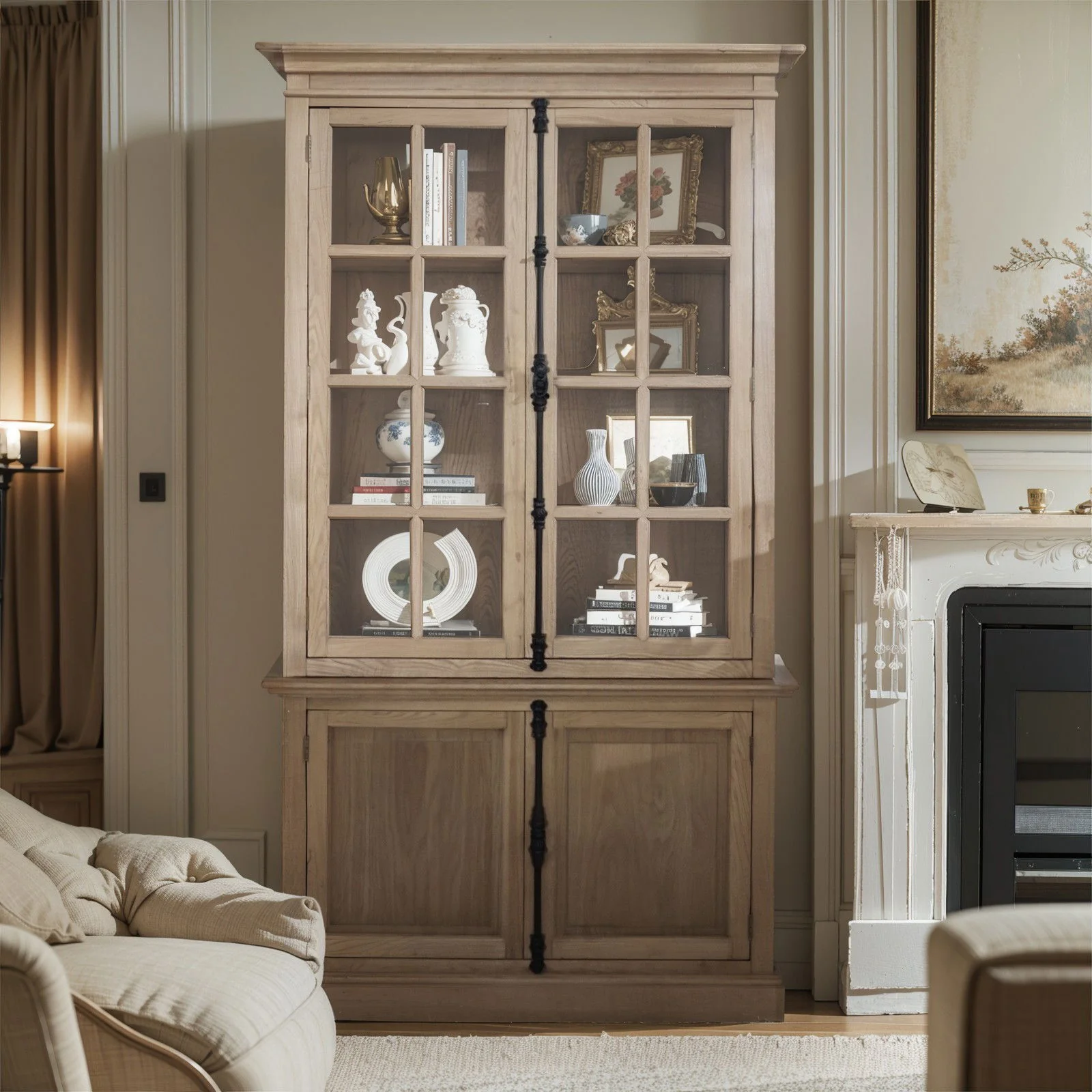 French Provincial Casement Double Glass Door Display Buffet and Hutch Cabinet Bookcase - Image 40