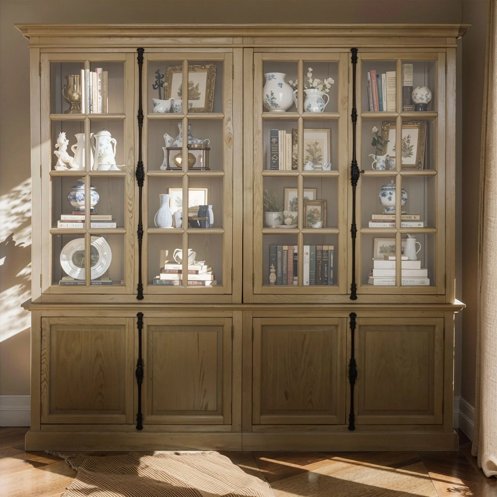 French Provincial Casement Double Glass Door Display Buffet and Hutch Cabinet Bookcase - Image 42