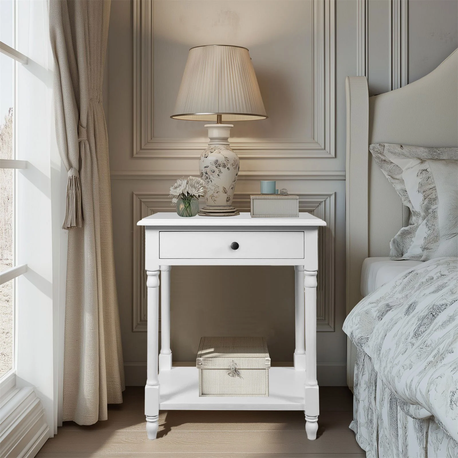 French Provincial Classic Bedside Lamp Table with One Drawer - Image 2