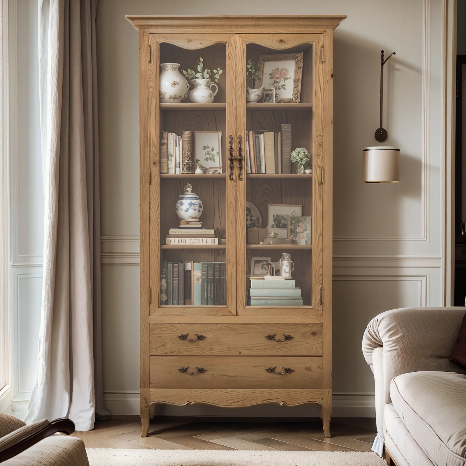 French Provincial Display Cabinet & Bookcase Natural Ash/ Modular Design - Image 2