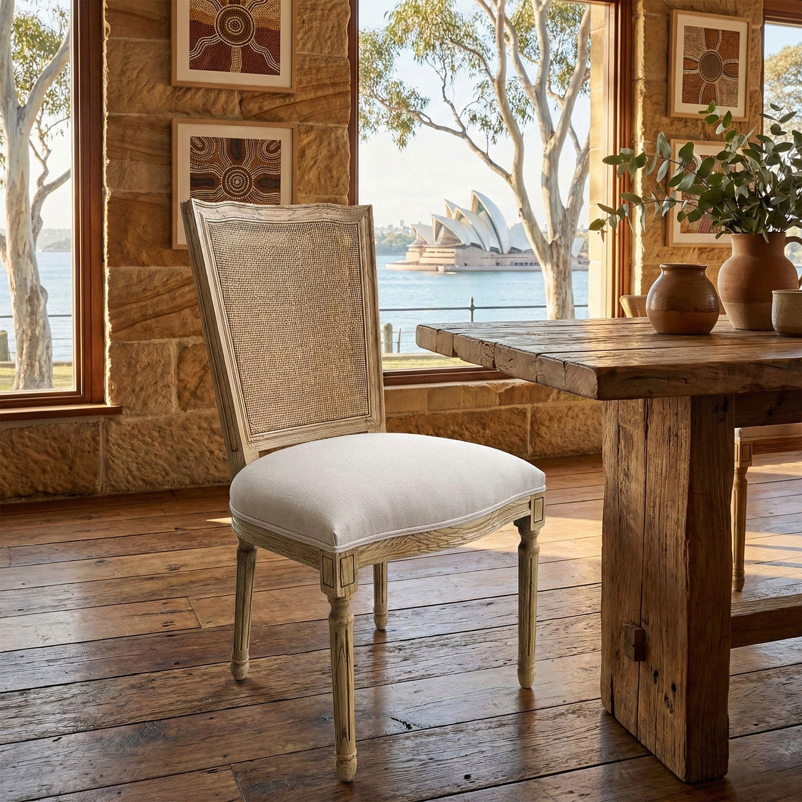 Set of 2 French Provincial / Hamptons Classic Oak Dining Chair with Natural Rattan Cane Back & Beige White Cushion