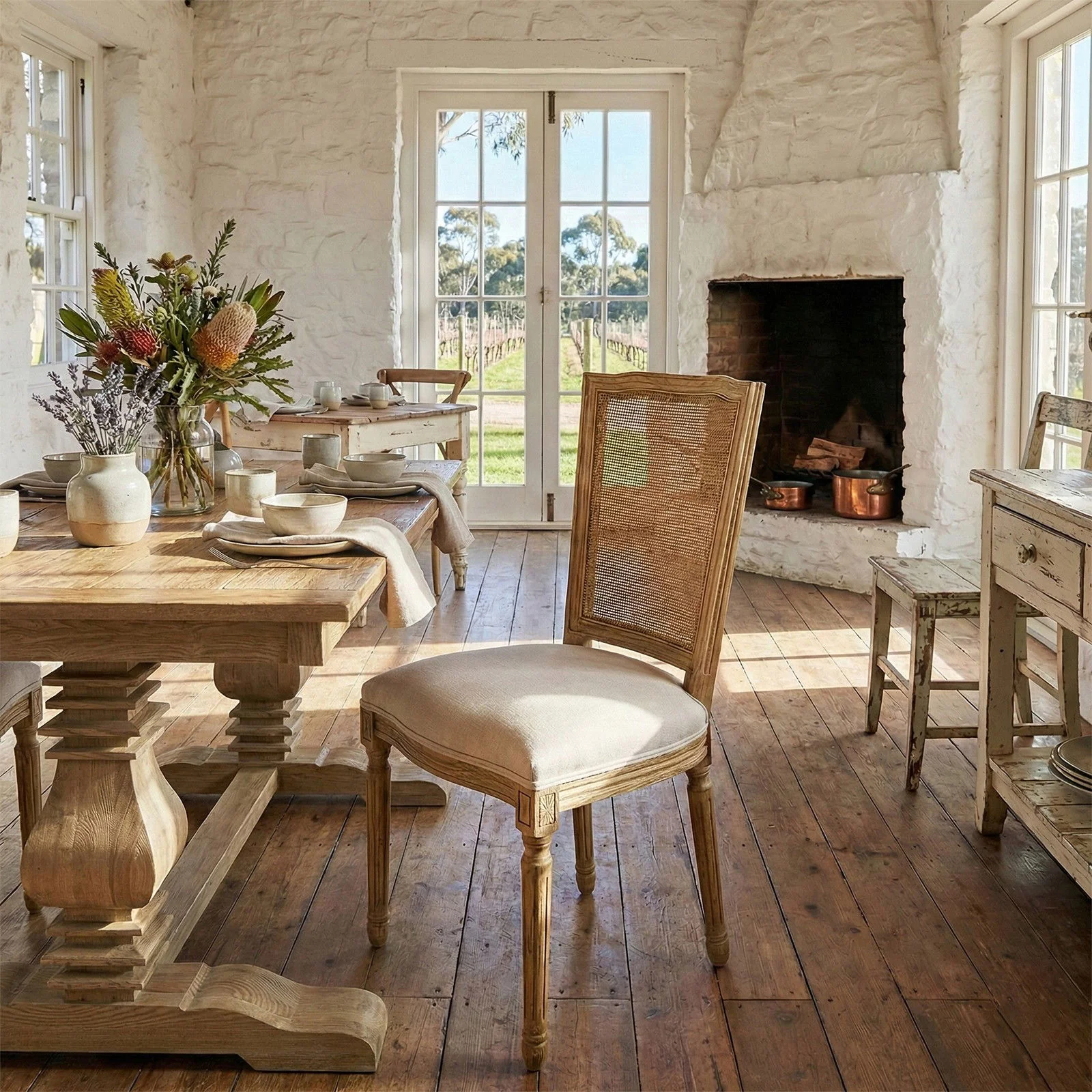 Set of 2 French Provincial / Hamptons Classic Oak Dining Chair with Natural Rattan Cane Back & Beige White Cushion - Image 2