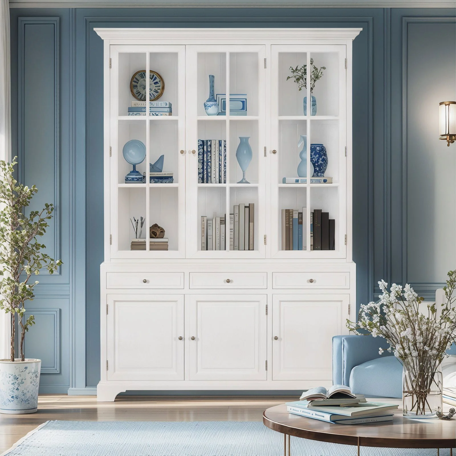 Hamptons Coastal Buffet and Hutch Glass Display Cabinet Bookcase - Image 2