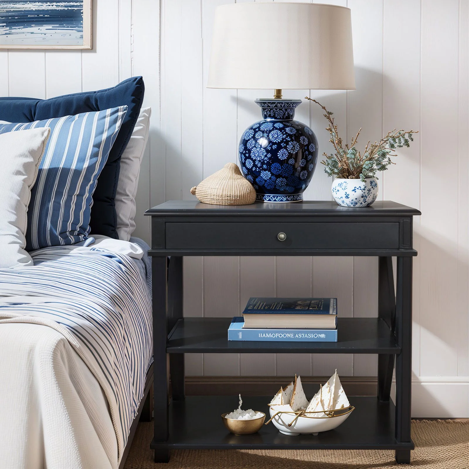 Hamptons Coastal Cross 1 Drawer Bedside Table with Shelf - Image 2