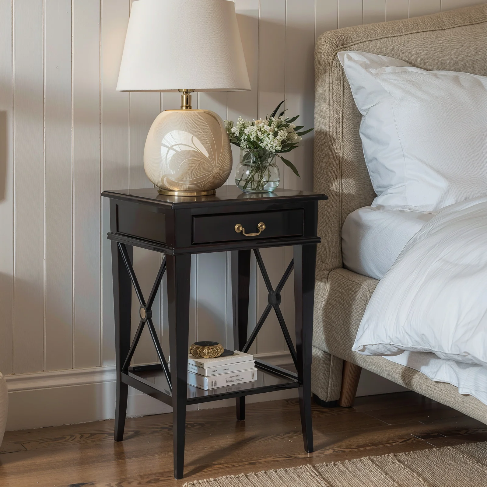 Hamptons Coastal Cross Side Curvy leg Bedside Lamp Table with Drawer White/Black