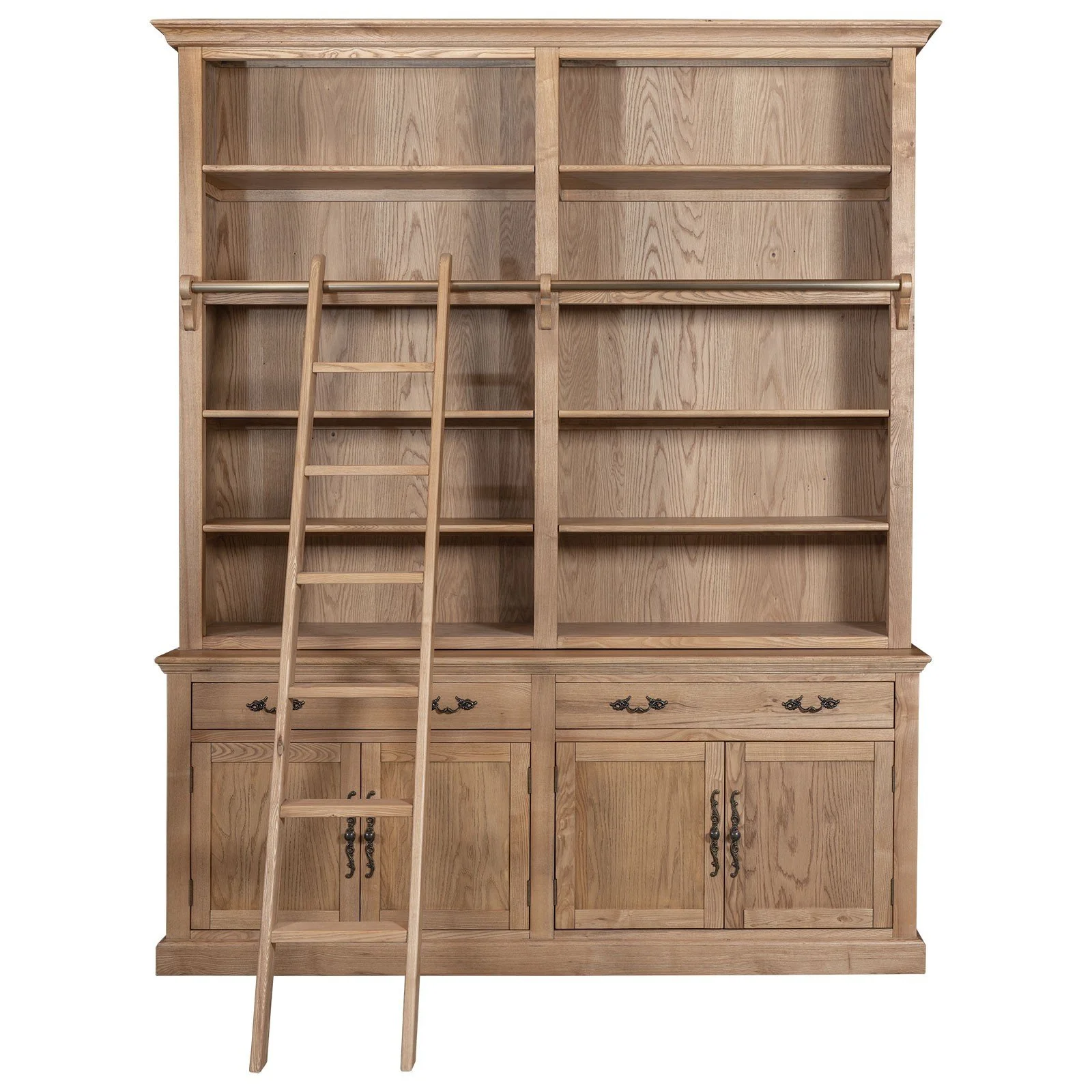 Hamptons Coastal Natural Ash Open Double Buffet and Hutch Bookcase with Ladder - Image 2