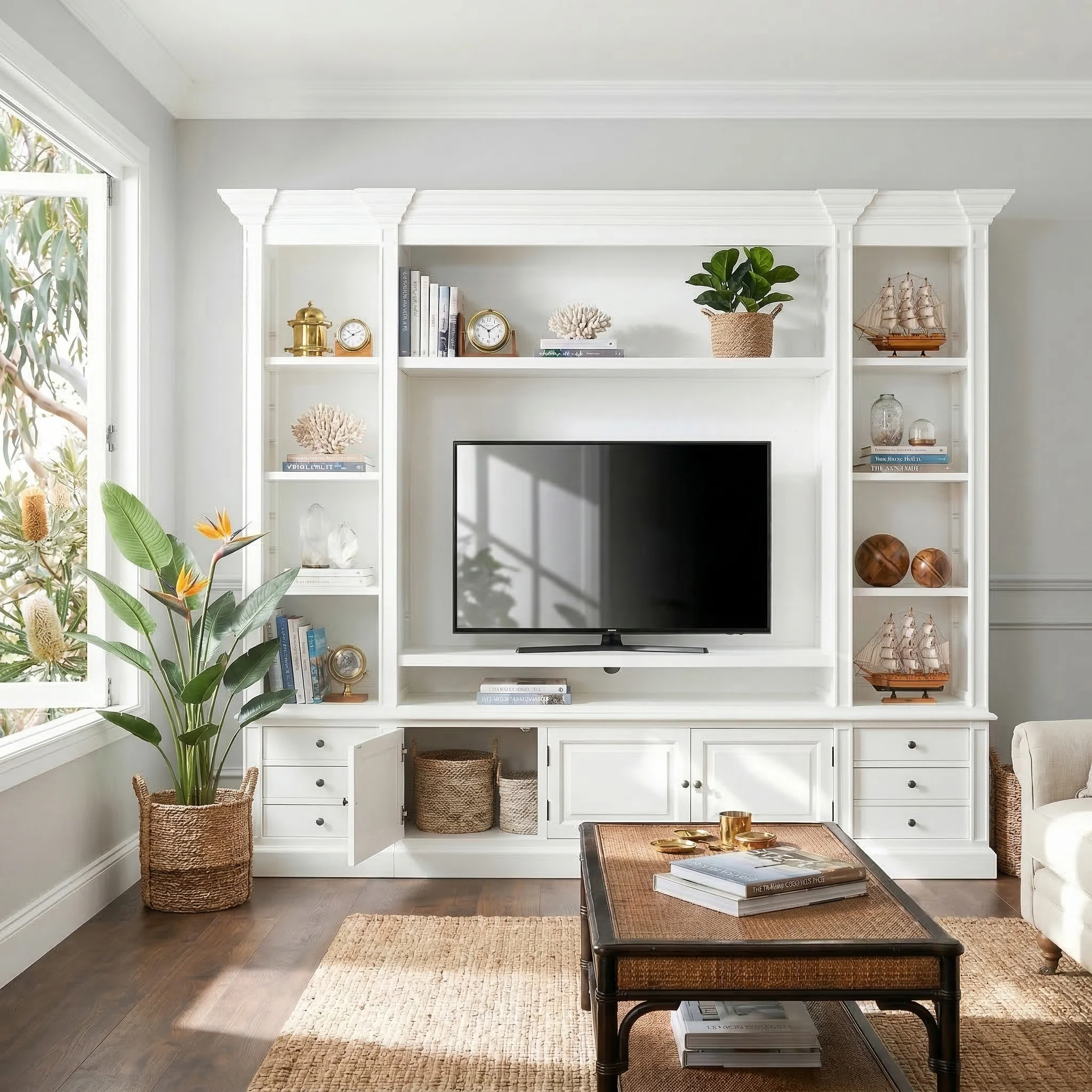 Hamptons Coastal White Entertainment Unit Cabinet with Optional Solid Hardwood Upgrade - Image 2