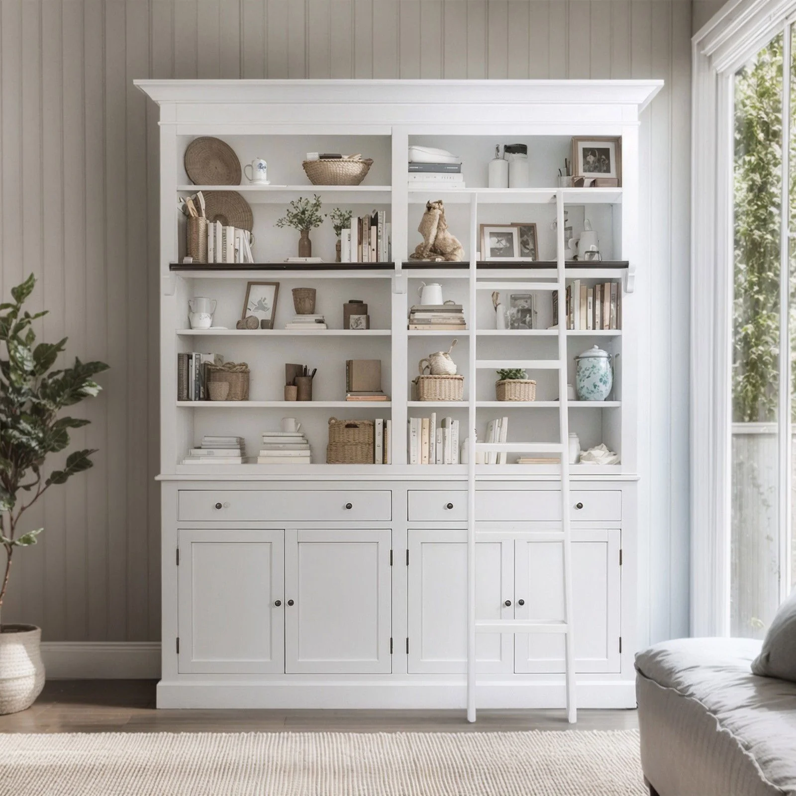 Hamptons Halifax Double Buffet and Hutch Bookcase with Ladder - Image 2