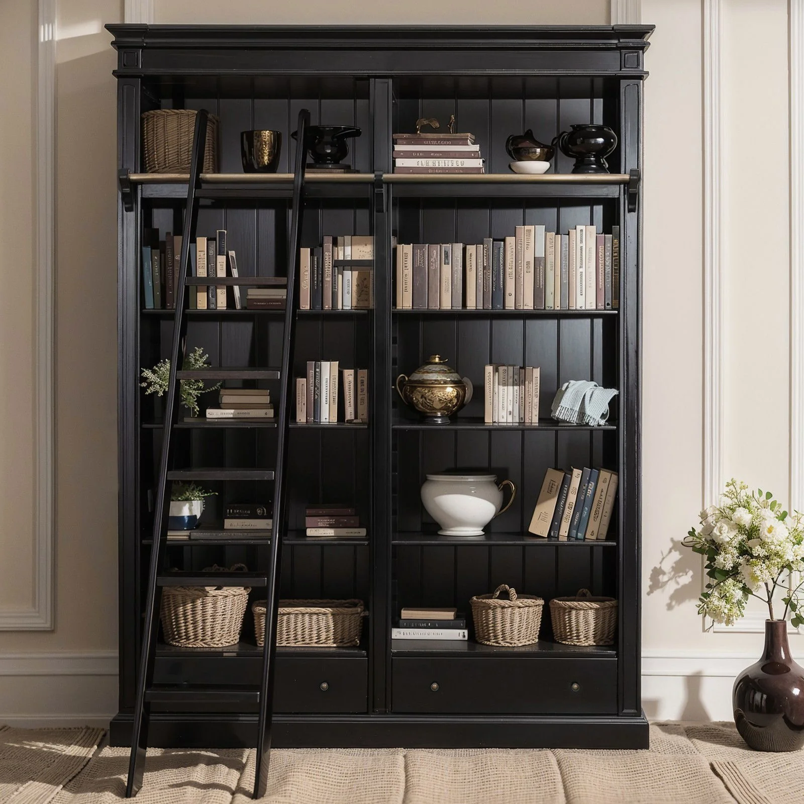 Hamptons Halifax Open Library Bookcase with Ladder 170cm - Image 15