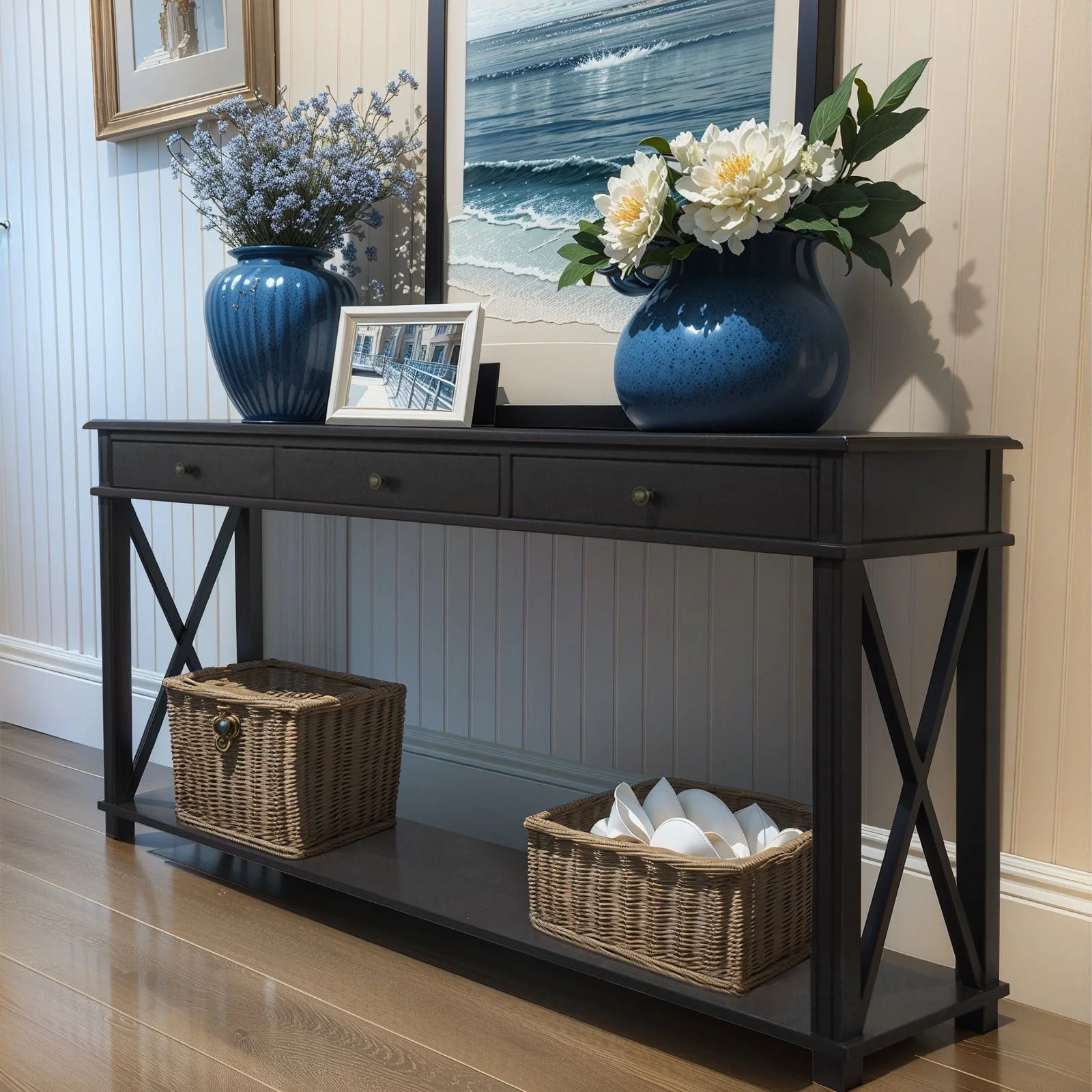 Hamptons Halifax Side Cross 3 Drawer Console Hall Table - Image 15