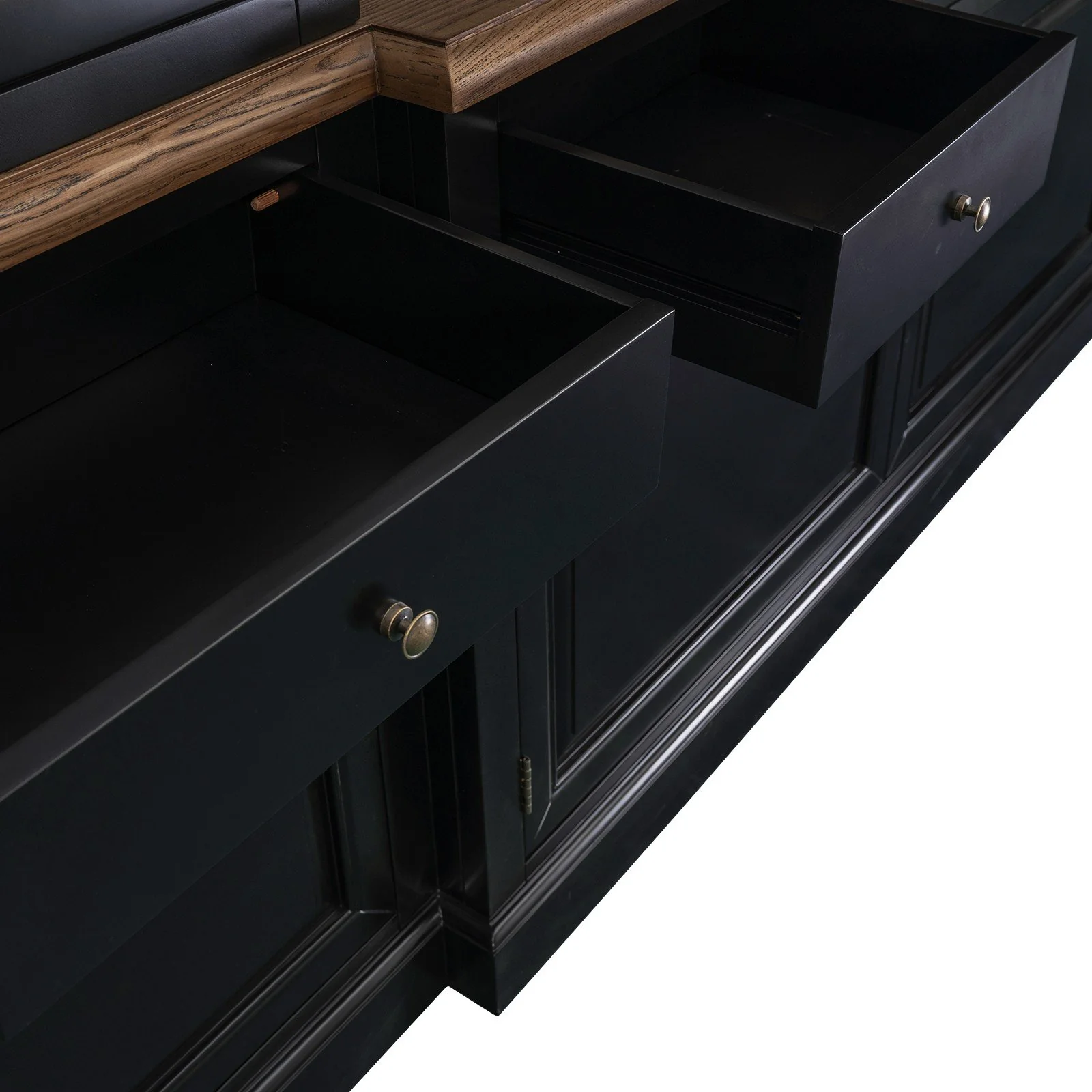 Hamptons Buffet & Hutch Glass Door Library Bookcase/ Display Cupboard with Oak Timber Top (Black/White) - Image 8
