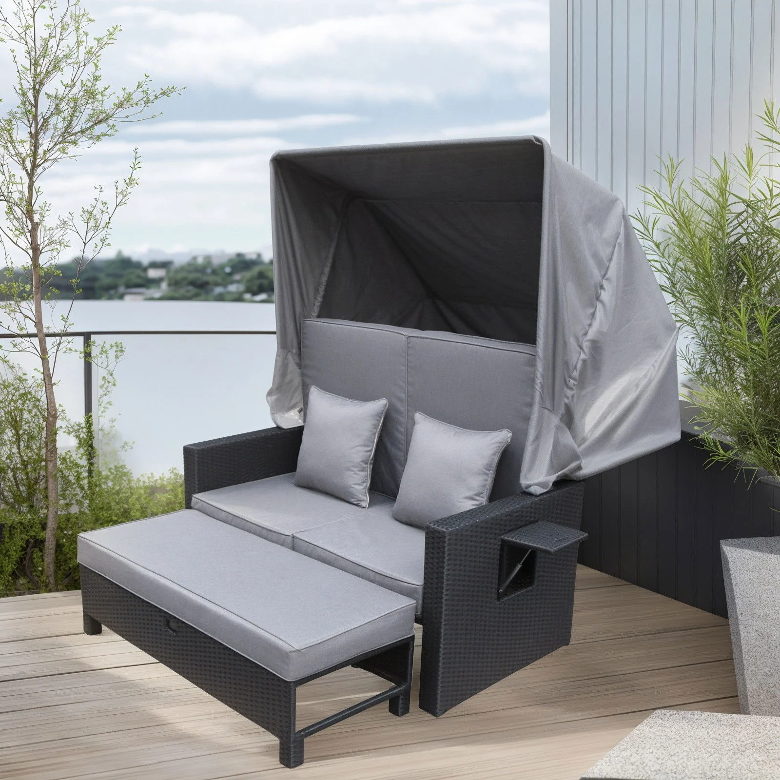 Outdoor Living Fiji Wicker Rattan Canopy Sofa Bed Sun Lounger with cushions - Image 2