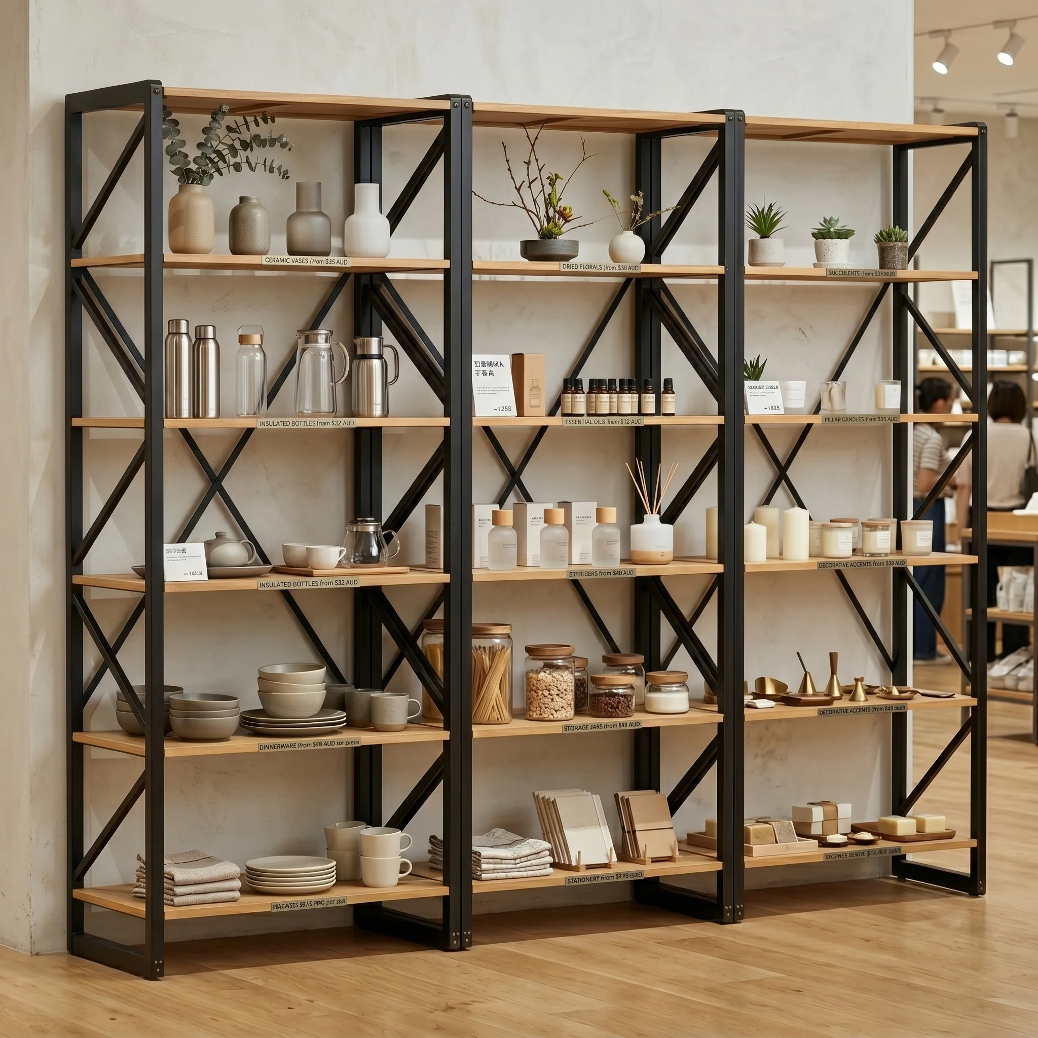 Urban Living Style 5-Tier Open Bookcase – Natural Oak Shelves with Black Iron Cross-Back Frame