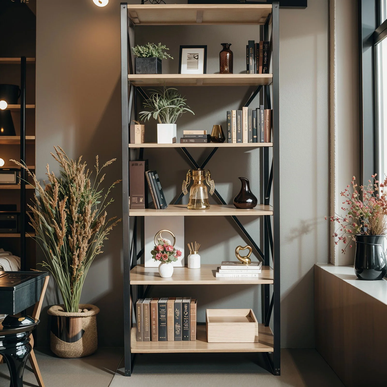 Urban Living Style 5-Tier Open Bookcase – Natural Oak Shelves with Black Iron Cross-Back Frame - Image 2