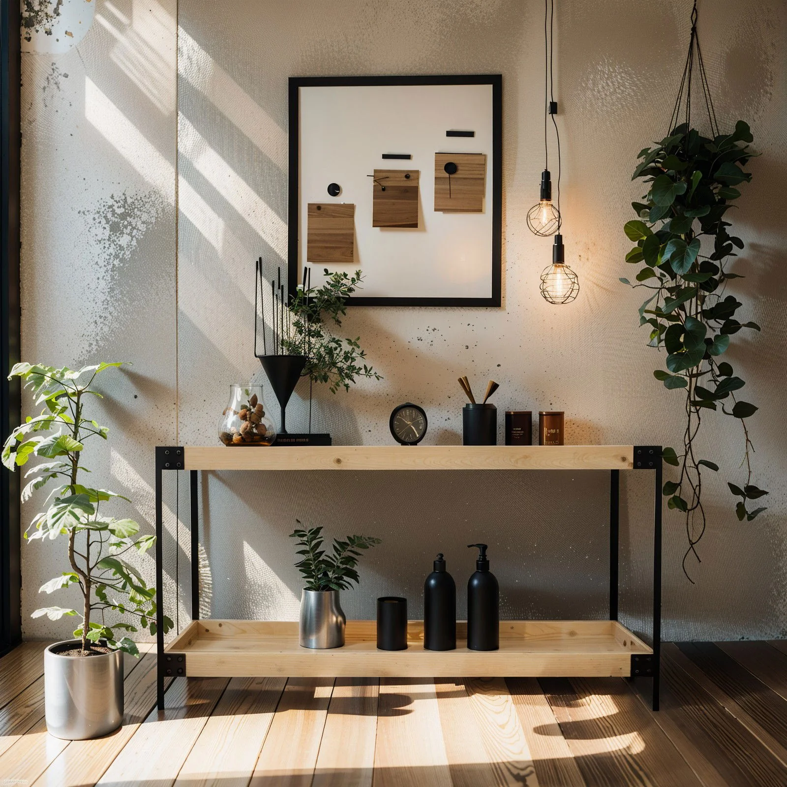 Urban Living Style Loft Two-Tier Solid Oak Timber Console Table with Black Metal Frame